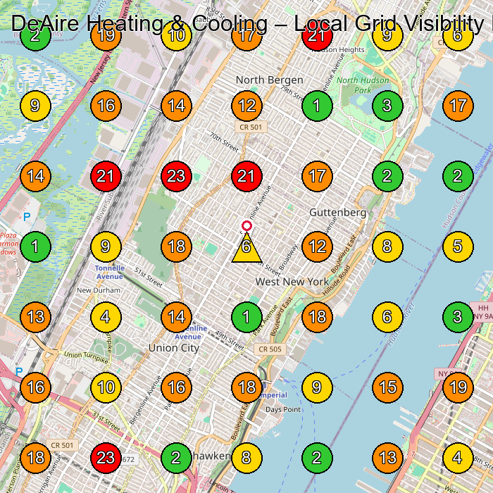 DeAire Heating & Cooling Hvac Contractor GeoGrid ranking map for North Bergen NJ